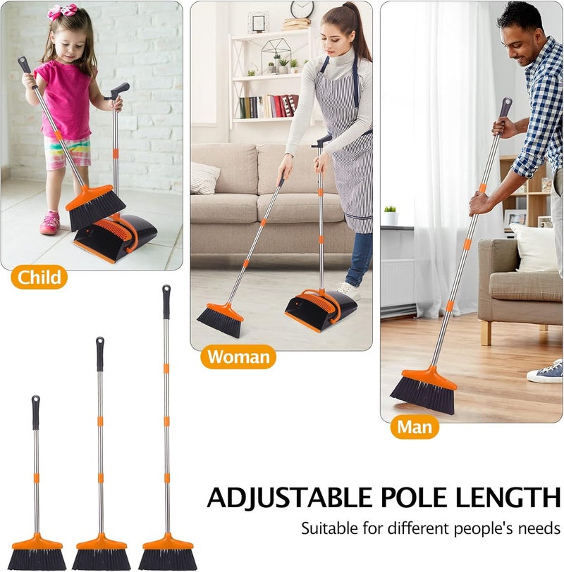 XXFLOWER Broom and Dustpan Set with Long Handle, Light Weight Stainless Steel Poles Stand Upright Dustpans with Broom Combo for Home Kitchen Office Pet Dog Hair, Black & Orange Color, 1-Pack - Image 4